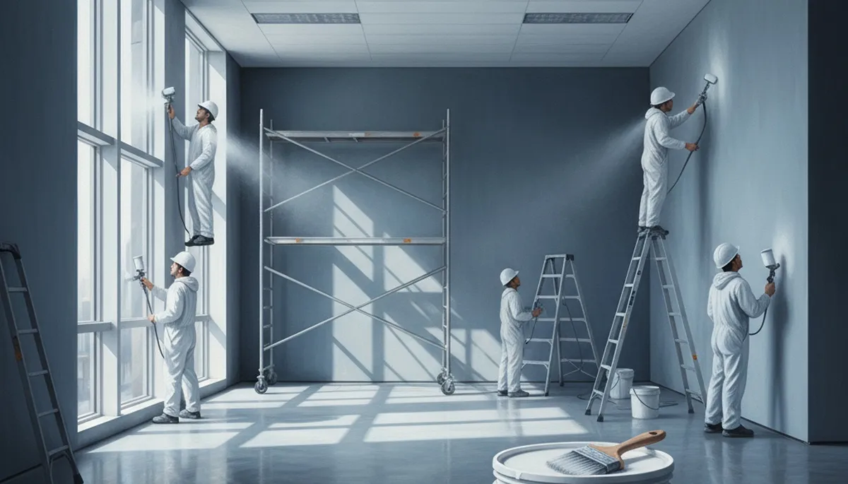 Commercial painting crew in Bloomington, IL applying durable finish to a business interior