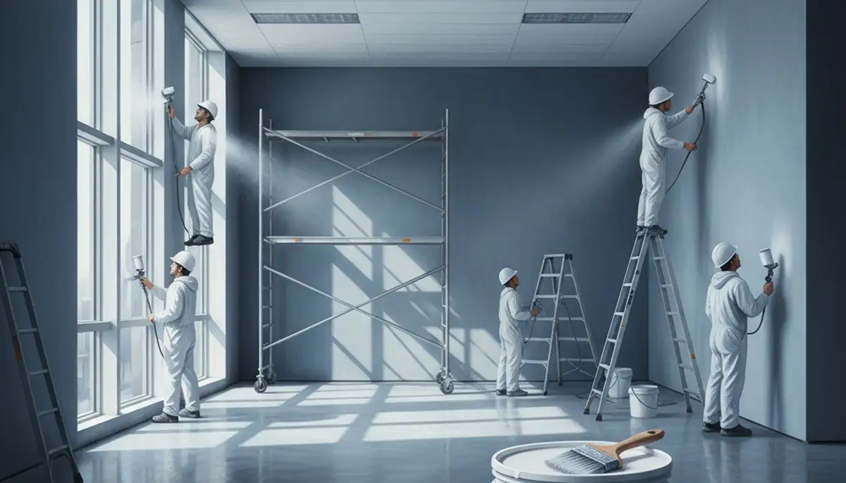 Commercial painting crew in Bloomington, IL applying durable finish to a business interior