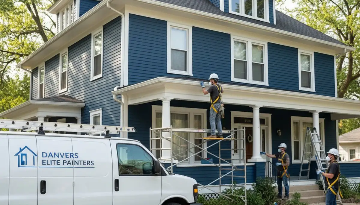 Professional Bloomington, IL painters preparing a home exterior for painting service
