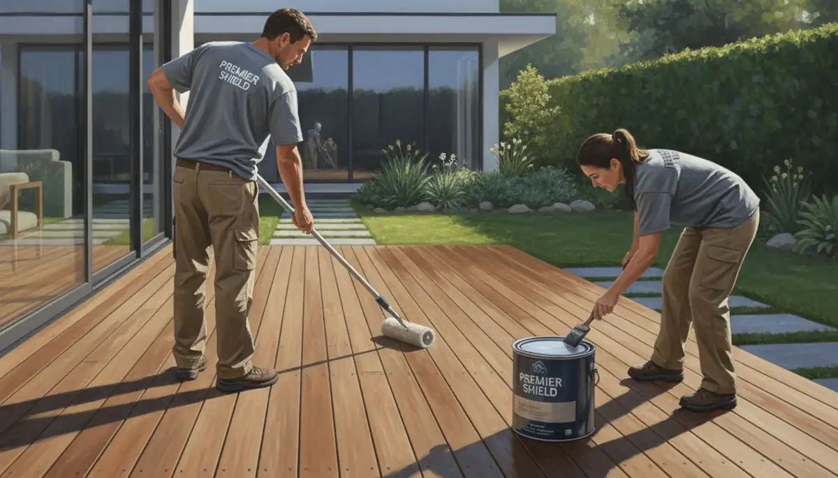 Bloomington, IL painters applying deck sealing to protect a wood deck from weather damage